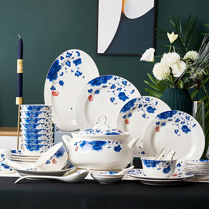 Bone china bowl and saucer set with overglaze rim patterns in Swan Lake design, 28-head configuration