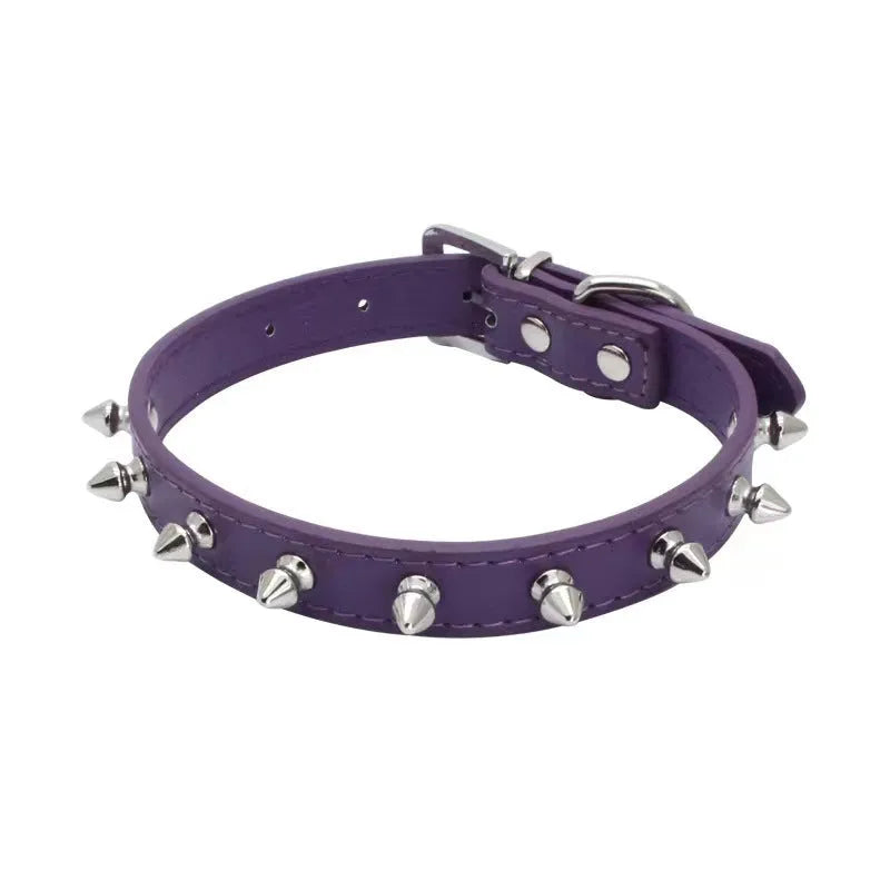 Spiked black PU leather dog collar with metal studs and an alloy metal fastener.