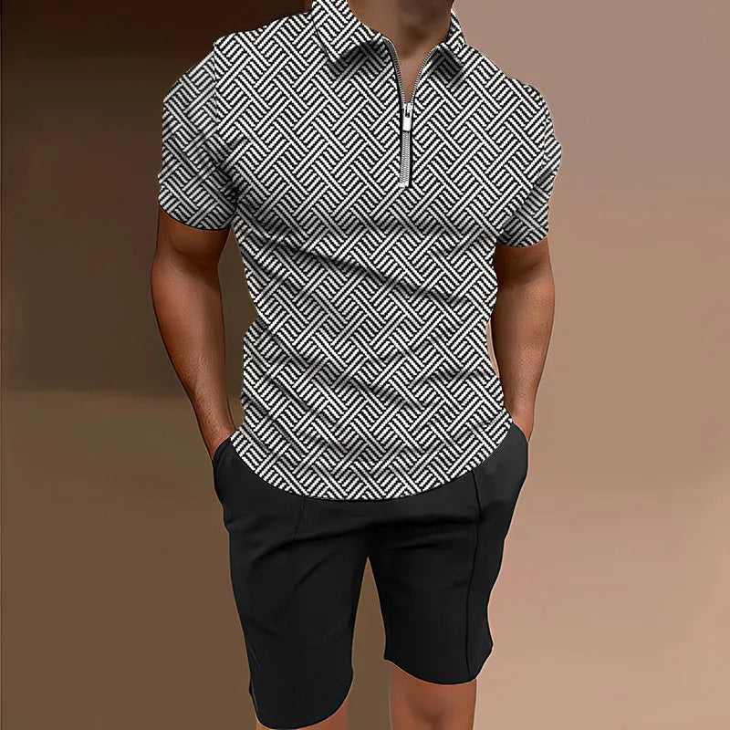 Men's casual printed two-piece set with short sleeve top and matching shorts