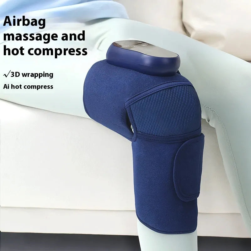 Blue self-heating knee massager with hot compress, vibration and air pressure functions for joint pain relief