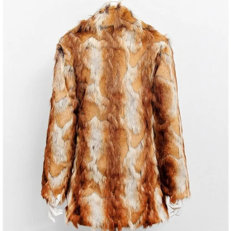 Tiger pattern slim leather jacket with faux fur lining, 65cm medium length street fashion outerwear