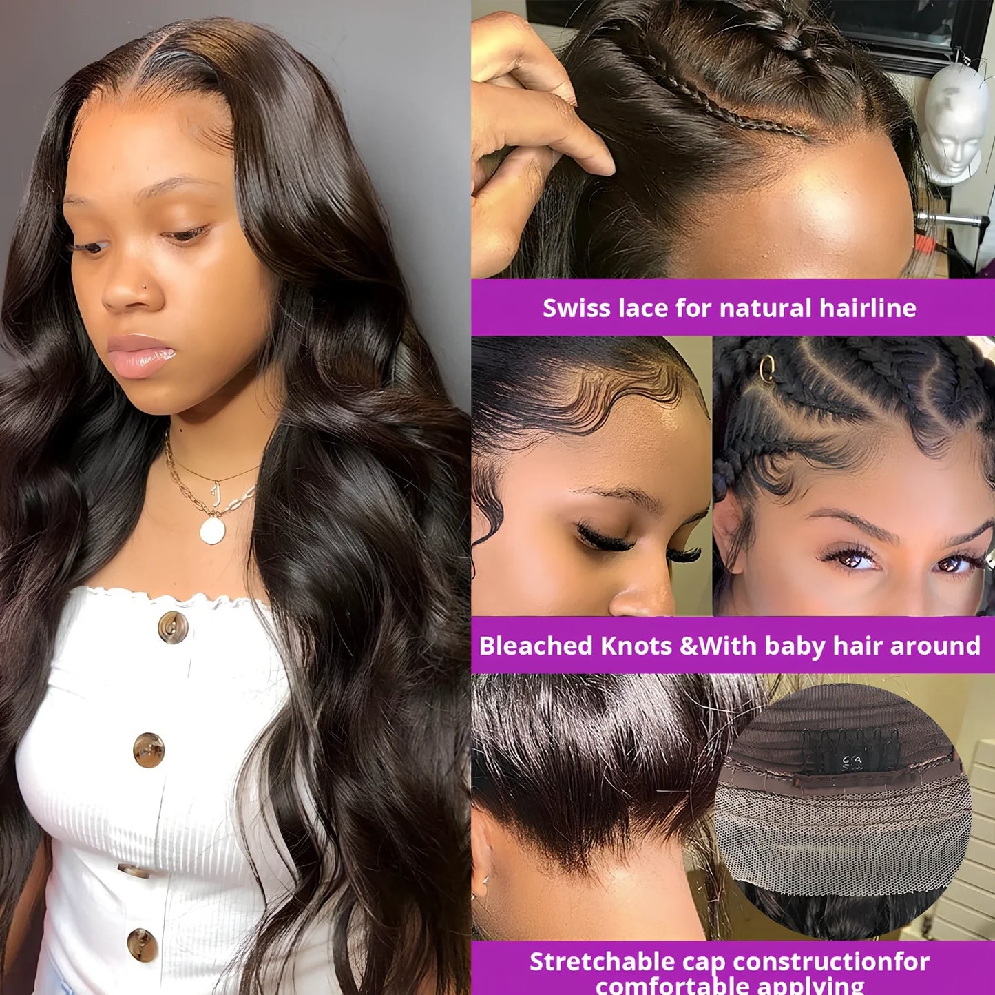 Brazilian human hair lace front wig with body wave texture showing natural hairline and 13x4 inch parting space