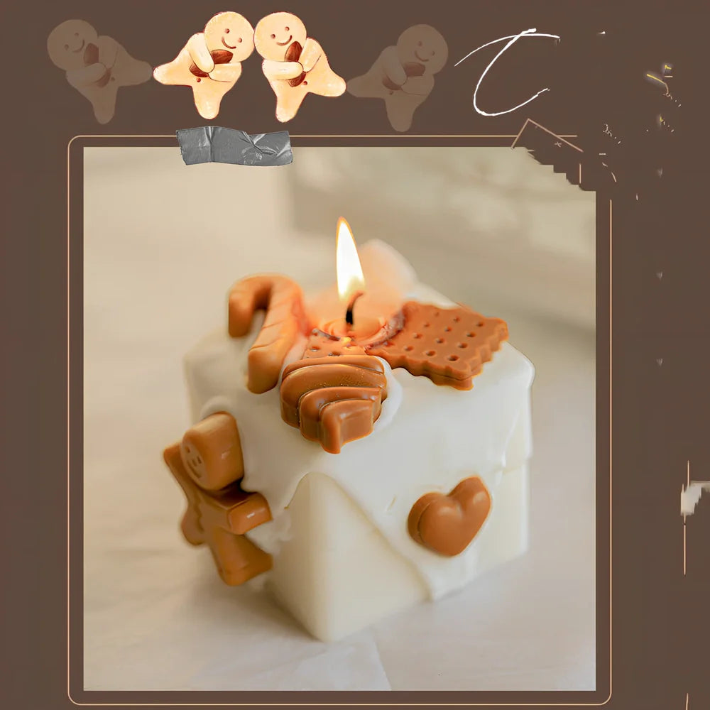 Homemade gingerbread man Christmas scented candles in block shape with six fragrance options