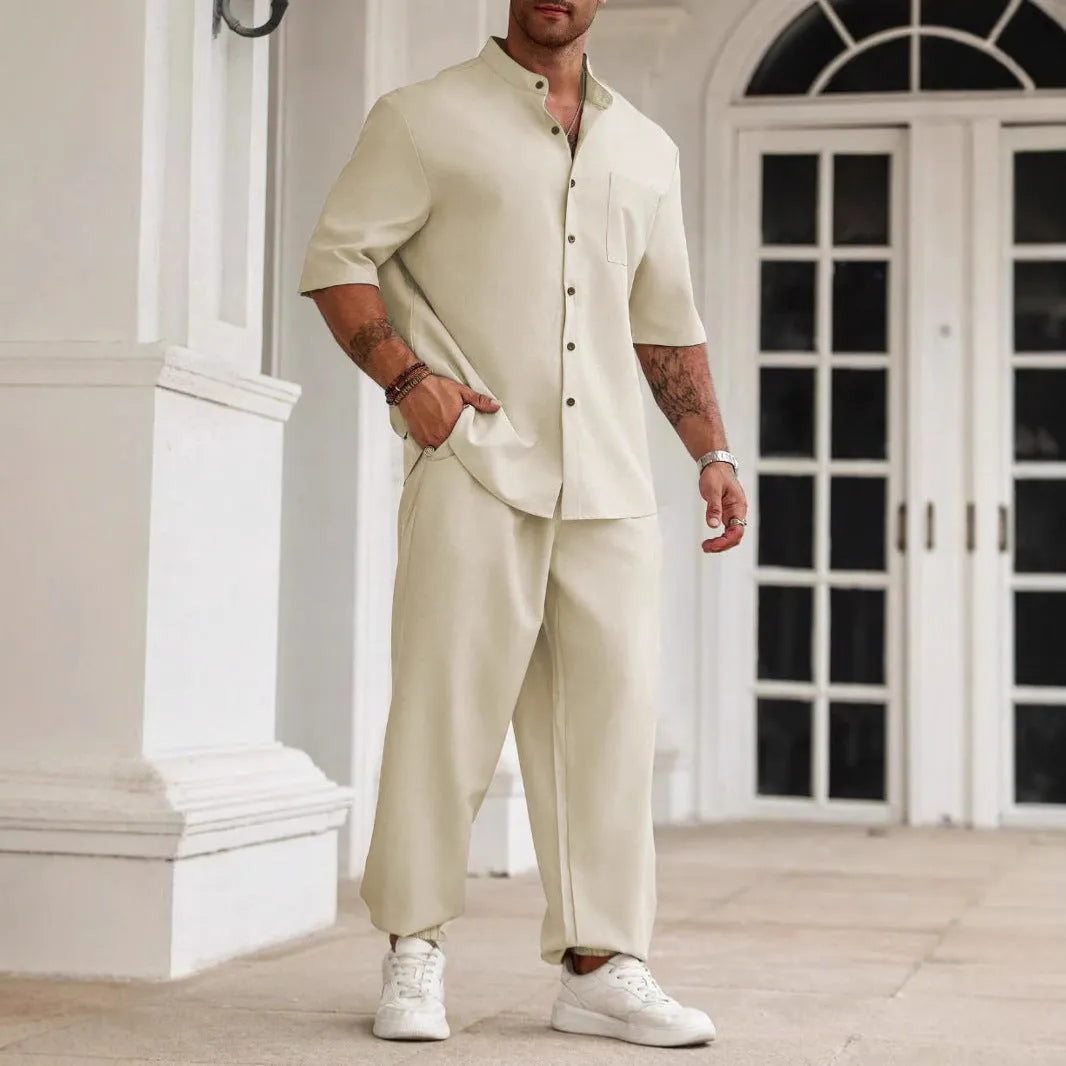 Men's casual short-sleeved button shirt and trousers set in cotton linen fabric