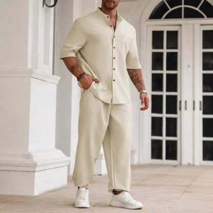Men's casual short-sleeved button shirt and trousers set in cotton linen fabric