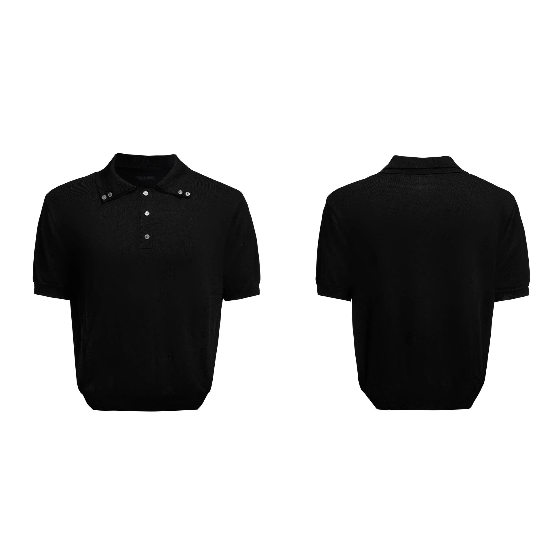 Men's black double collar polyester short sleeve shirt with loose fit and slim knit construction