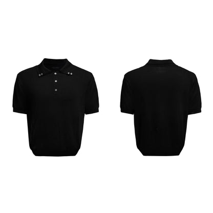 Men's black double collar polyester short sleeve shirt with loose fit and slim knit construction