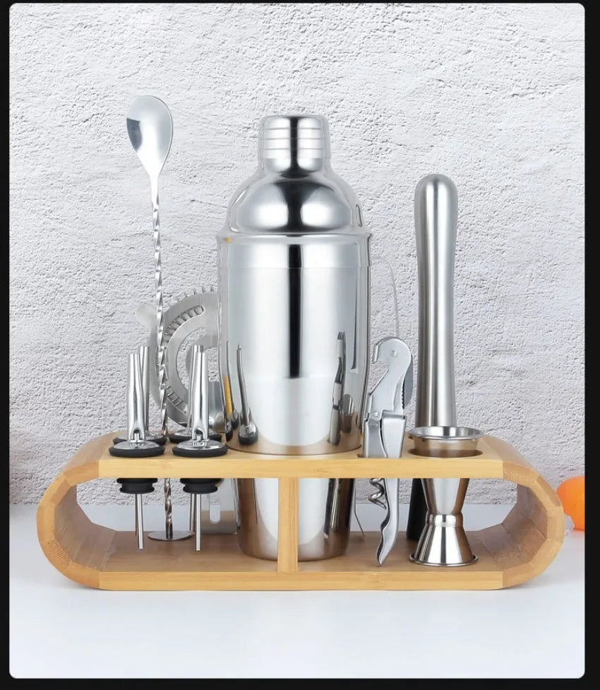 23-piece stainless steel cocktail set with shaker, jigger, strainer, and tools for home bar mixing
