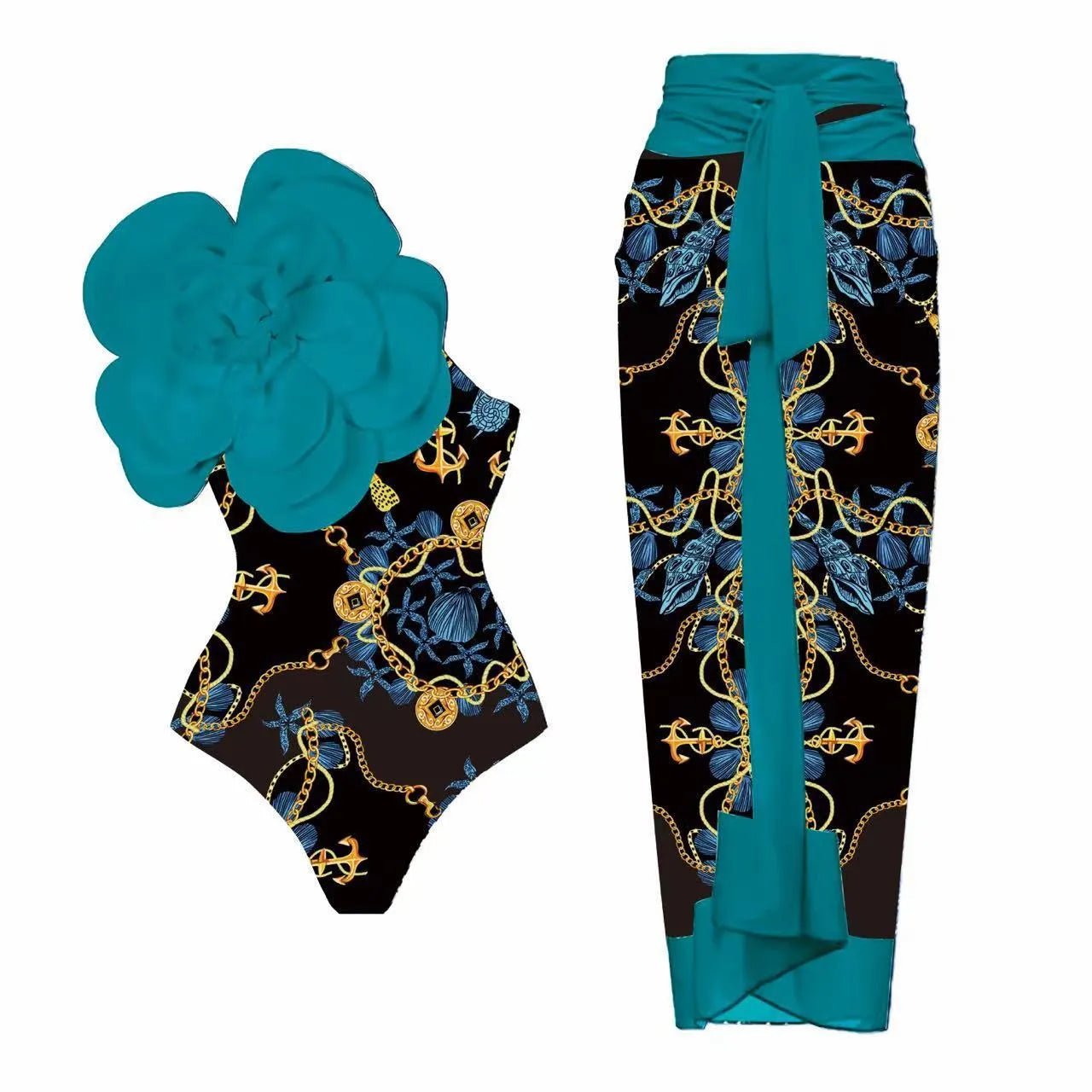 Women's polyester one-piece swimsuit in floral print with wrap skirt styling option
