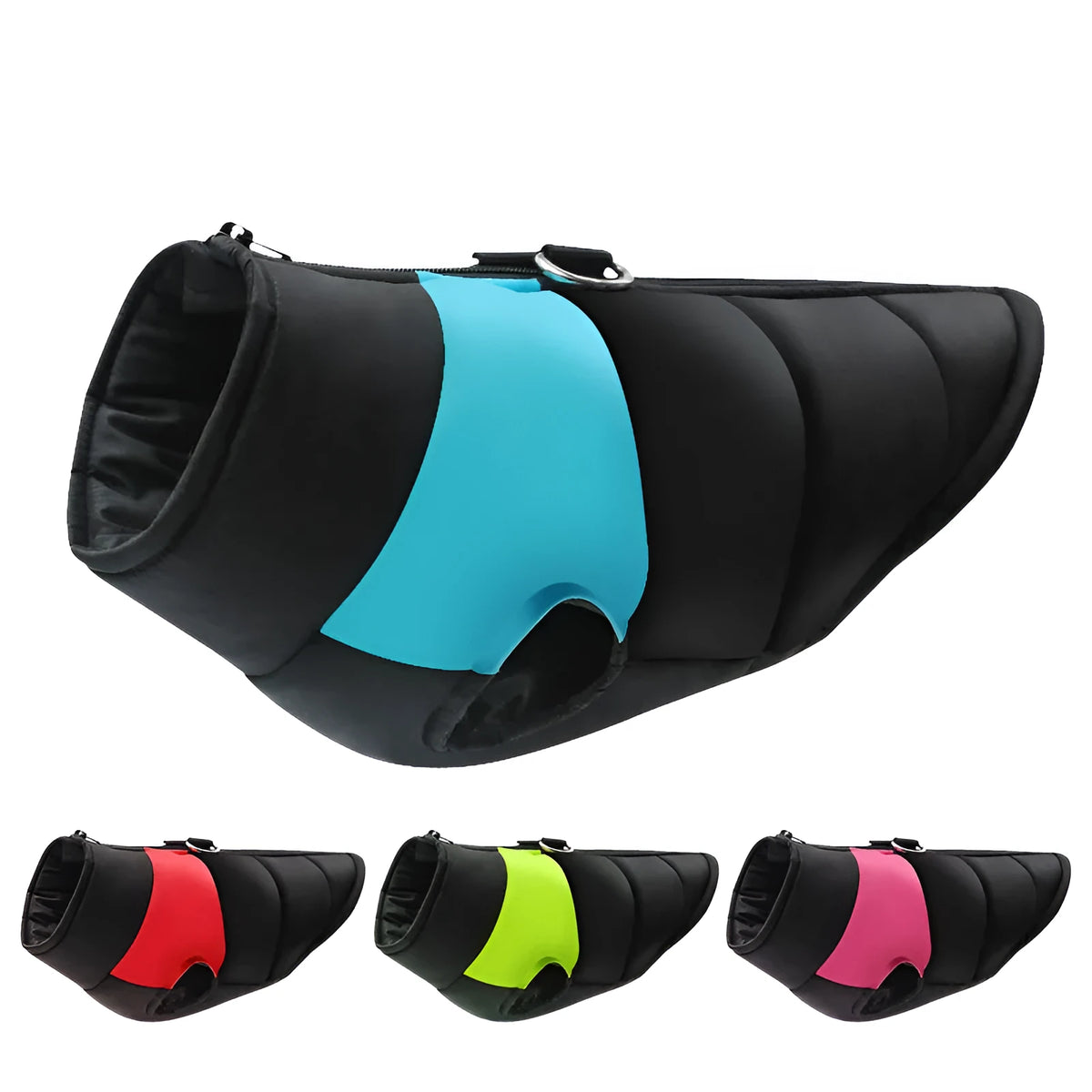 Waterproof padded dog winter jacket with zipper, shown in red on a medium-sized dog.