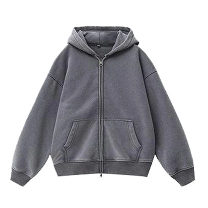 Women's fleece-lined distressed hooded cardigan sweater in loose fit with patch pockets