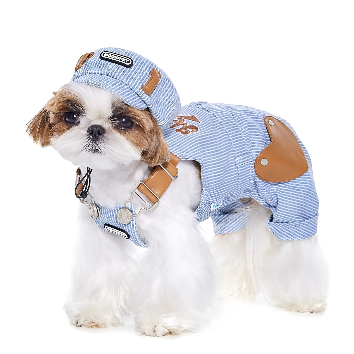 Blue polyester denim-style suspender pants for small dogs, available in sizes XXS to 2XL