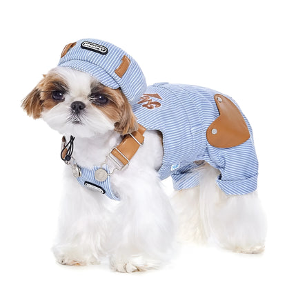 Blue polyester denim-style suspender pants for small dogs, available in sizes XXS to 2XL