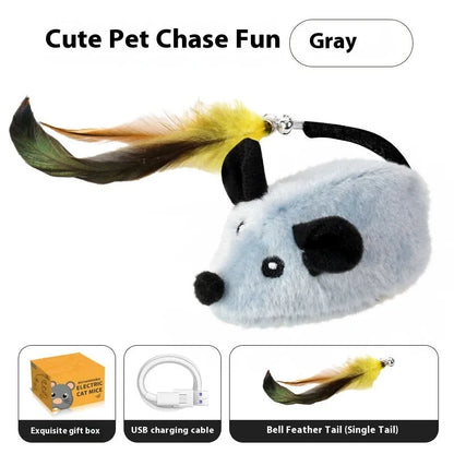 Intelligent charging simulation electric mouse cat teaser toy in gray or yellow with feather tail attachments