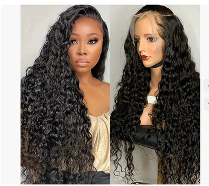 Close-up of a curly hand-woven human hair wig showing the realistic lace front and textured curls.