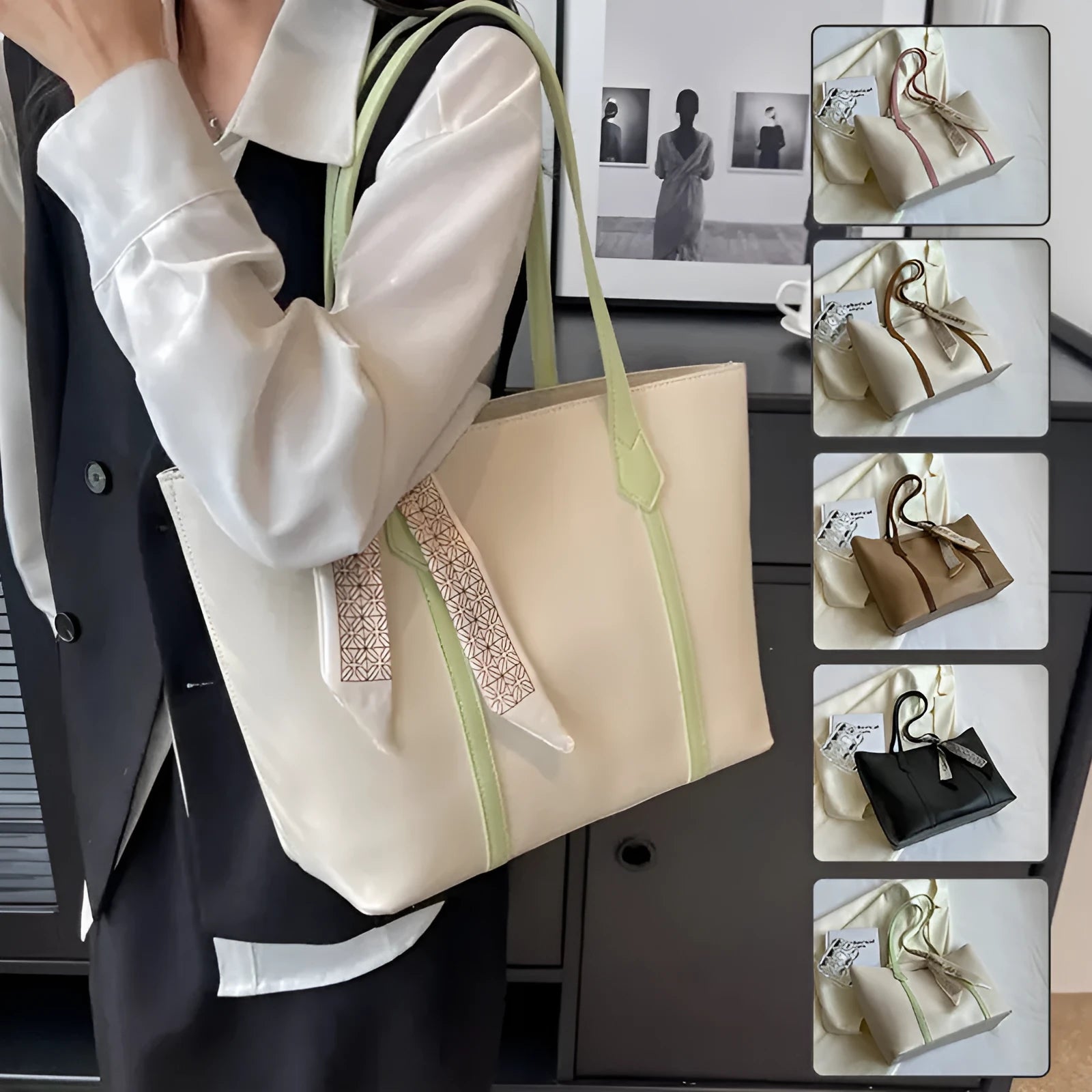 Soft large-capacity bucket tote bag with shoulder strap and zip pocket, shown in a neutral colour.