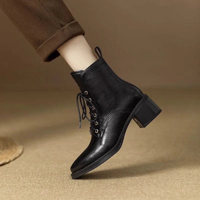 Women's black French pointy toe short tube boots with 13cm shaft height and 5.5cm heel