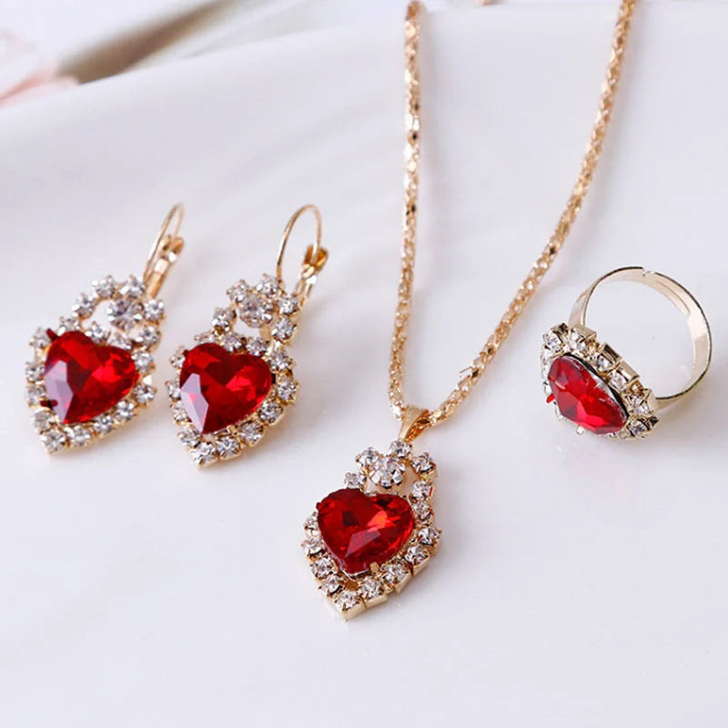 Elegant water drop rhinestone necklace, earrings, and ring set in various colors