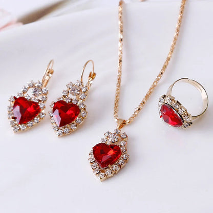Elegant water drop rhinestone necklace, earrings, and ring set in various colors
