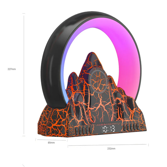 Colorful Flame Mountain wireless charging alarm clock showing 237mm width and charging surface