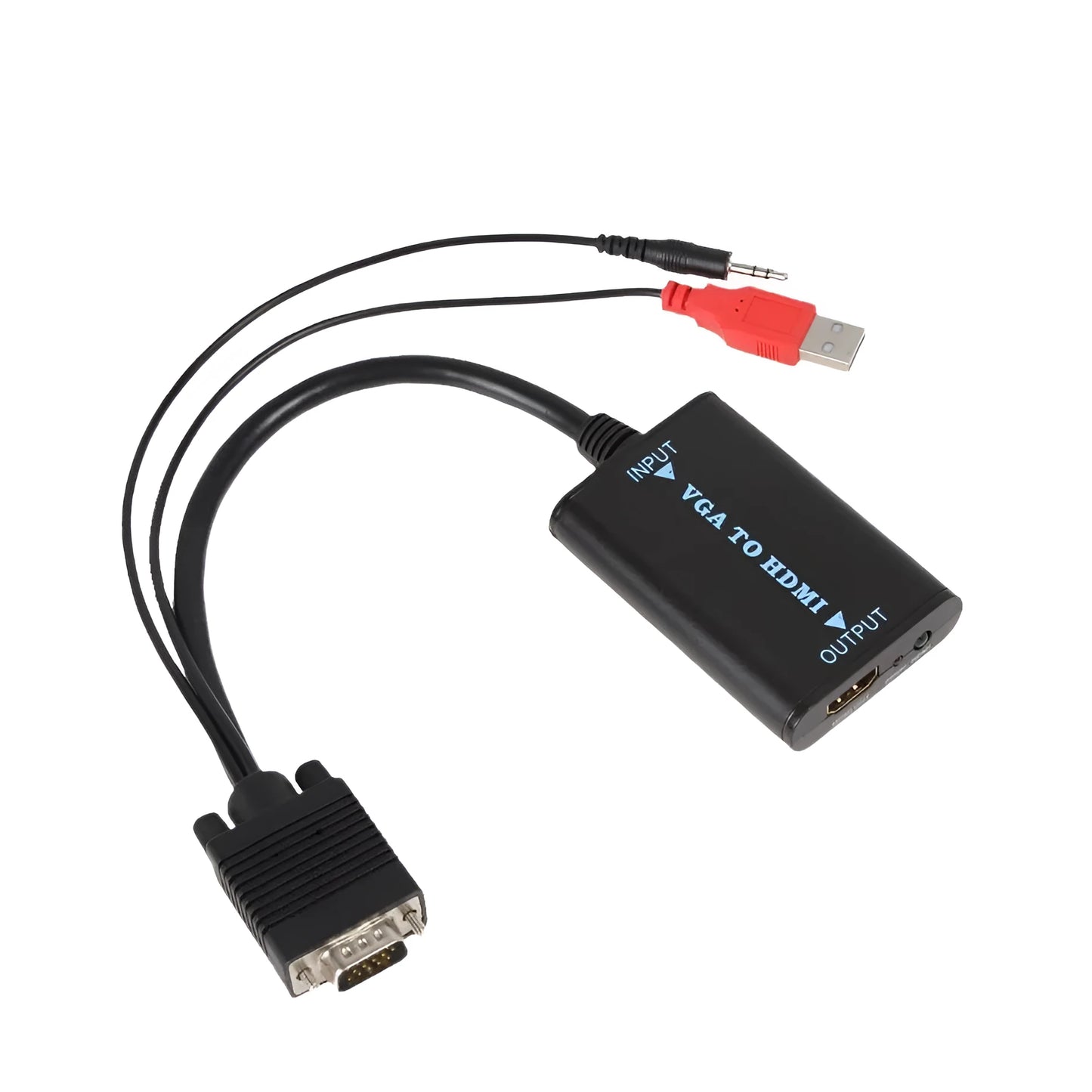 Black VGA to HDMI female converter with USB power cable for 1080p video conversion