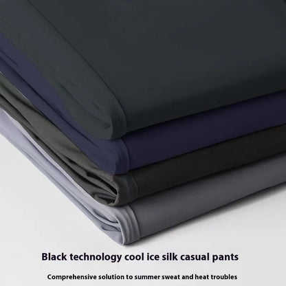 Men's black Ice Silk straight leg leisure trousers with elastic waistband laid flat