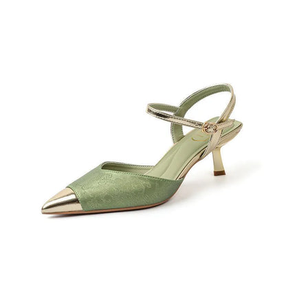 Women's genuine leather pointed toe sandals with 6CM block heel in green, apricot, black, or silver