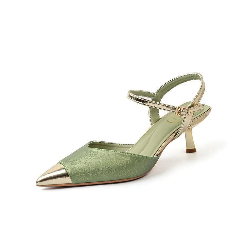 Women's pointed toe high-heeled sandals in green leather with 6cm heel and rubber sole.