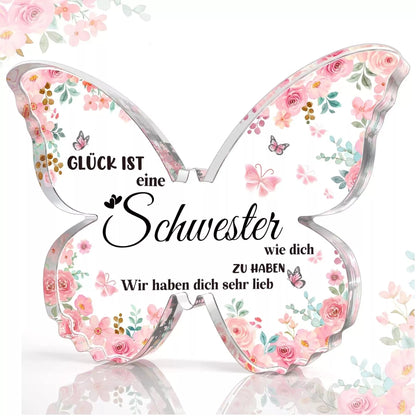 Butterfly-shaped acrylic keepsake with purple wing patterns and personalized message