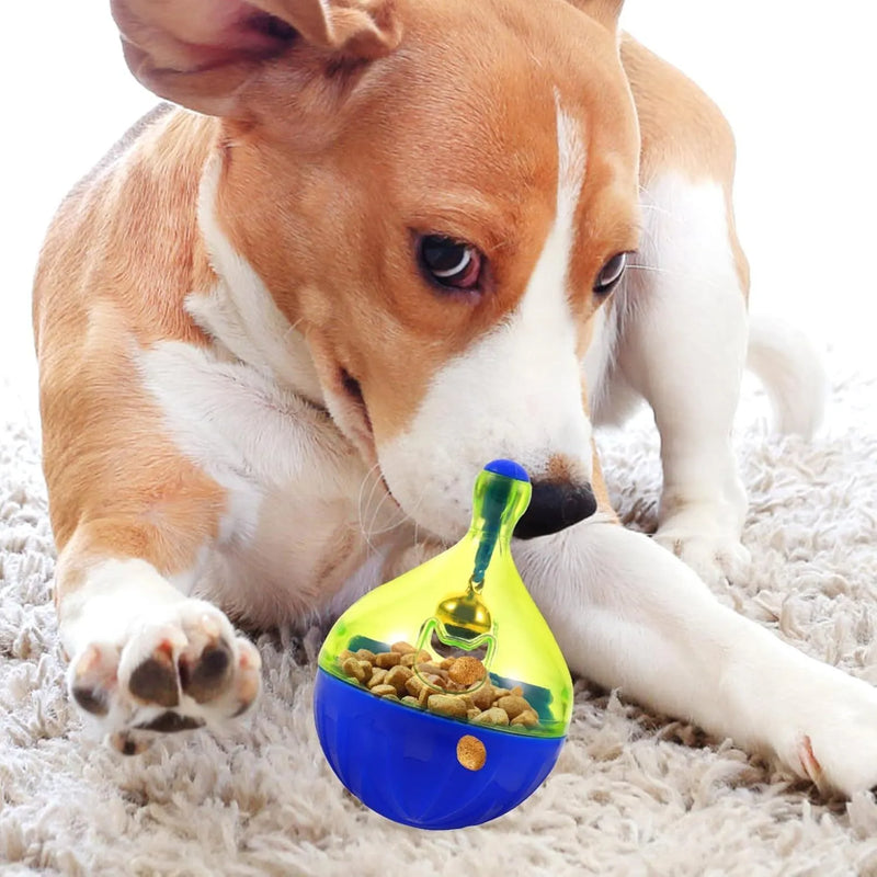 Interactive pet treat dispenser with tumbler shape and 263g weight, designed to promote slow eating and mental stimulation for dogs and cats through food-leaking play.