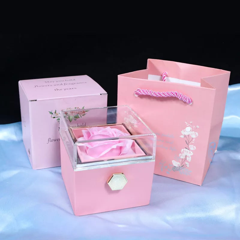 Rotating soap flower rose gift box with jewelry drawer in red, blue, lake blue, or pink