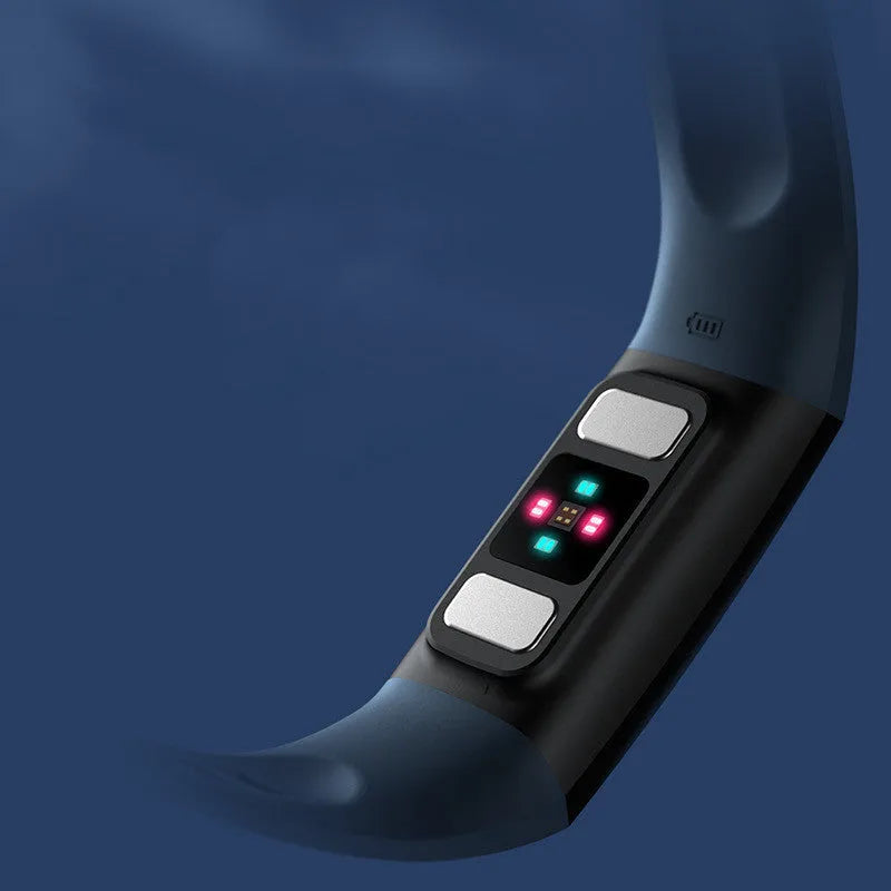 Black smart bracelet with 1.1-inch screen for health monitoring, worn on wrist