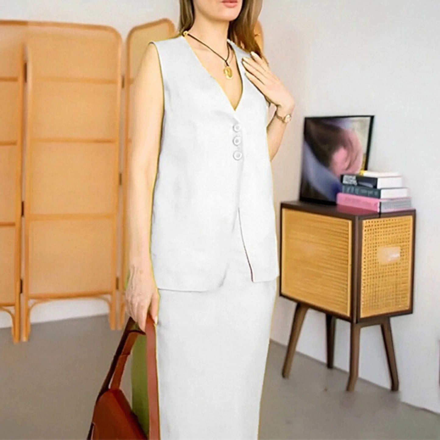 Women's casual two-piece suit with sleeveless vest and long skirt in blue colour, showing loose fit design