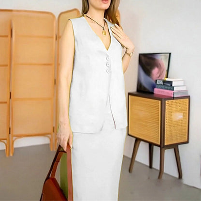 Women's casual two-piece suit with sleeveless vest and long skirt in blue colour, showing loose fit design