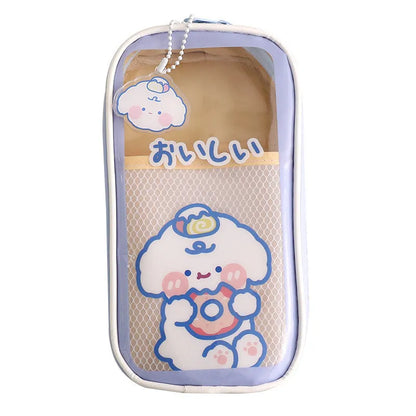 Transparent PVC pencil case with cartoon bear design showing pens inside