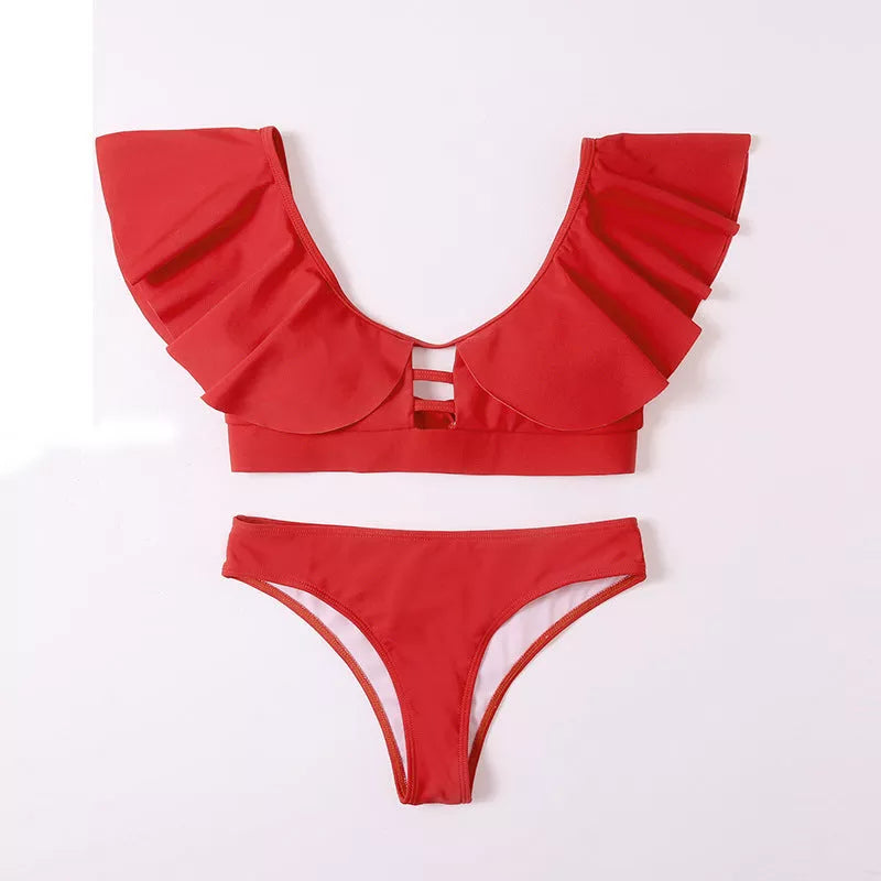Red ruffle tie bikini with high-waist design and backless style