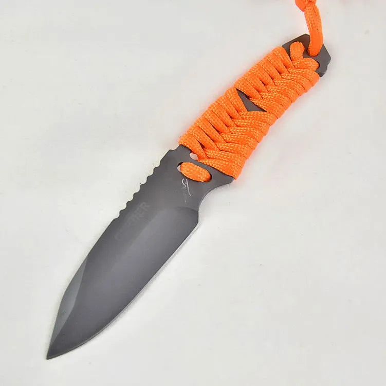 Outdoor survival knife with straight blade, rope-bound handle, and black ABS sheath on grey background