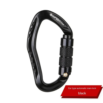 Automatic master lock climbing carabiner in silver, shown with gate open and closed.
