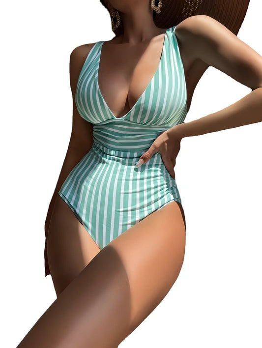 Women's striped one-piece swimsuit with vertical pattern and spandex lining for swimming