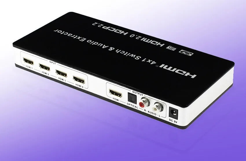 Black HDMI audio-video switch with remote control showing four inputs and one output
