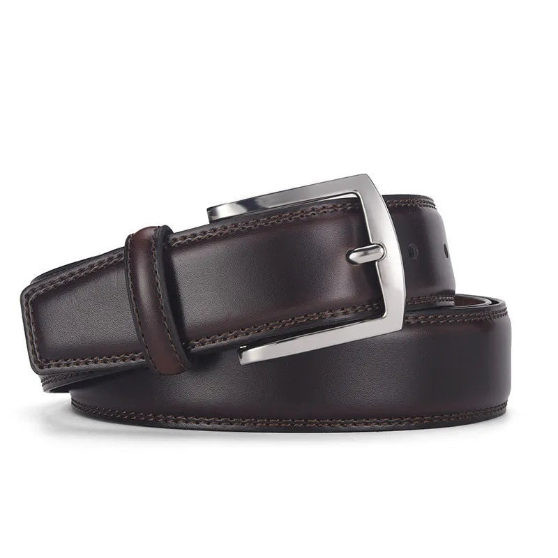 Men's black leather belt with a silver alloy pin buckle laid flat showing its length and width