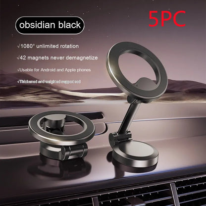 All-metal foldable magnetic car phone mount showing 360-degree rotation and dashboard mounting