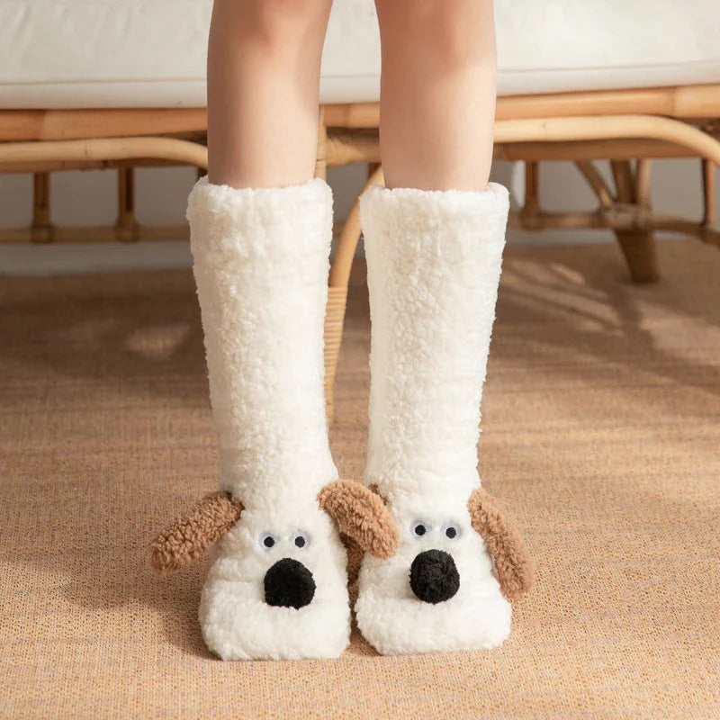 Cozy cartoon dog socks in various colors featuring plush, non-slip designs for comfortable winter wear