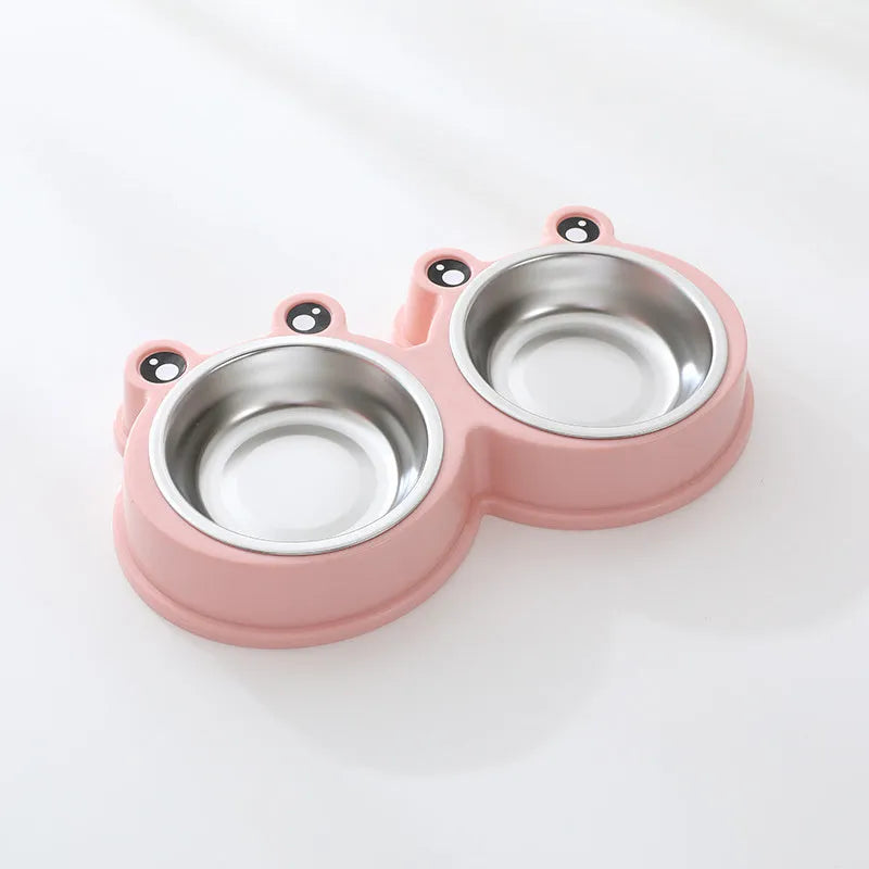 Stainless steel double pet bowl set with frog dish in blue, green, or pink.
