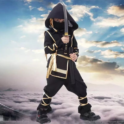 Halloween children's anime character costume set in black and gold, includes coat, pants, armor, mask, belt, headdress, and bindings