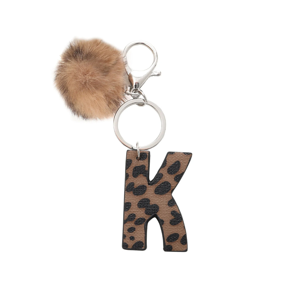 Leopard-print artificial leather keychain with oil-edged acrylic letter and included key ring, retro style