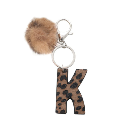 Leopard-print artificial leather keychain with oil-edged acrylic letter and included key ring, retro style