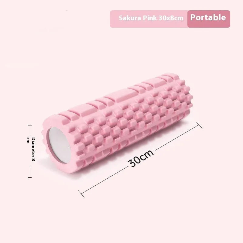 EVA foam roller in black, grey, pink, sky blue, or light purple, showing cylindrical shape for fitness recovery