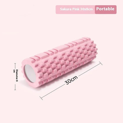 EVA foam roller in black, grey, pink, sky blue, or light purple, showing cylindrical shape for fitness recovery