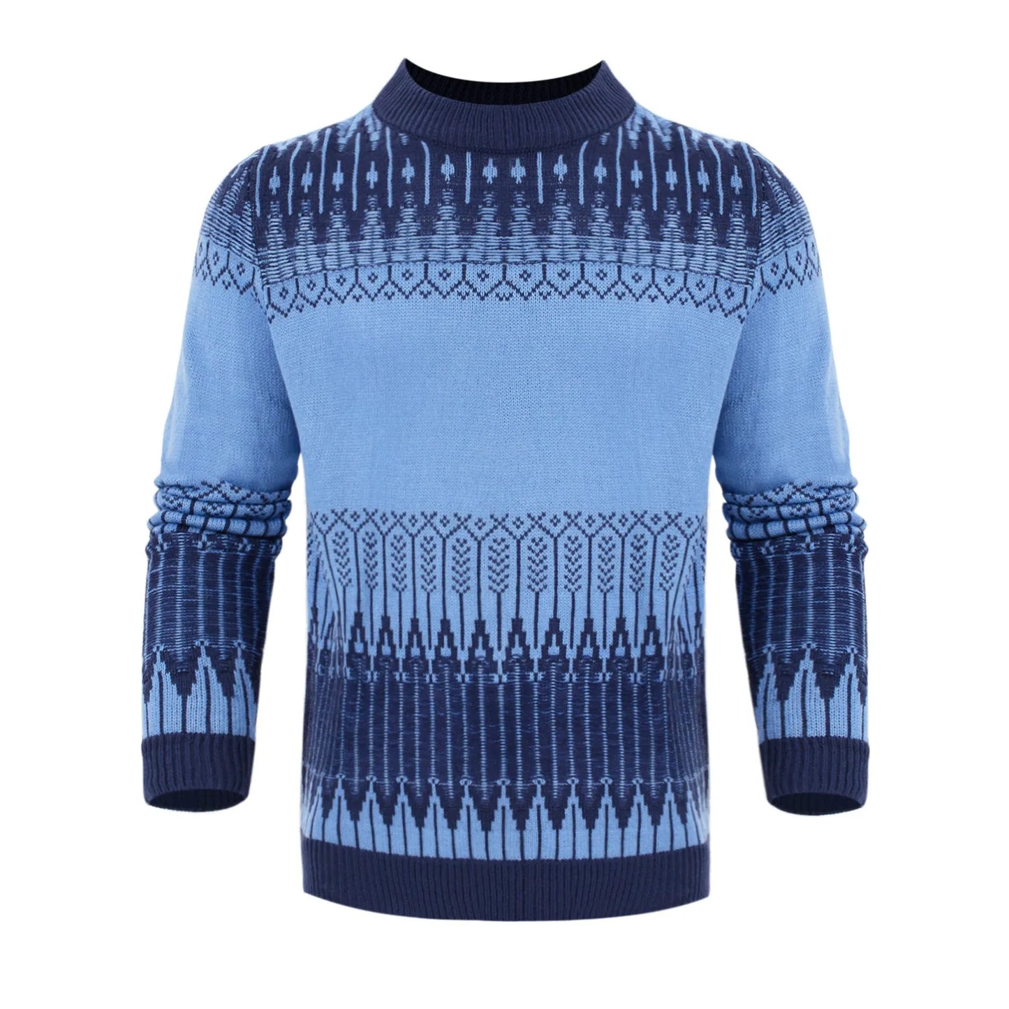Men's grey cotton blend knitted pullover sweater with long sleeves on a hanger.